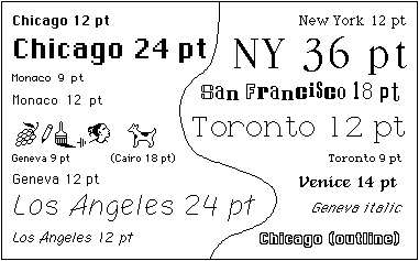 Susan Kare’s original Macintosh typefaces: Chicago, Geneva, Monaco, New York, and the Cairo icon font