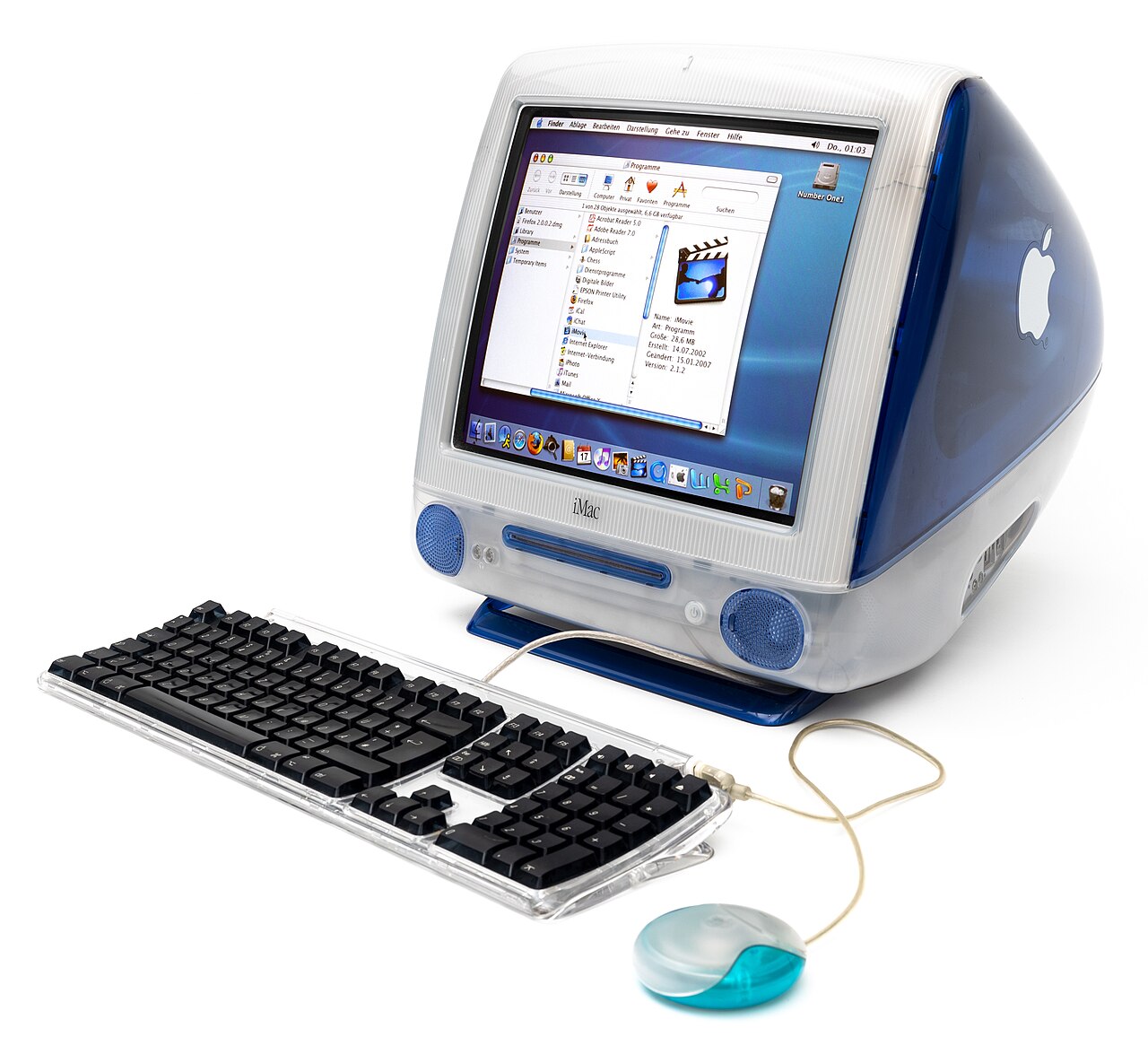 Slot-loading iMac G3 running Mac OS X Aqua