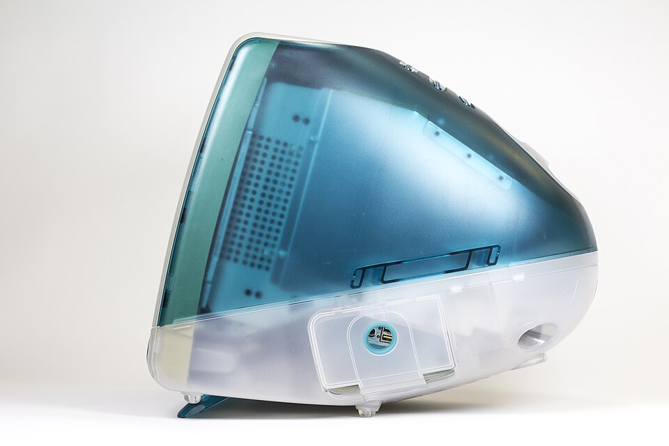 Original Bondi Blue iMac G3, side view, 1998
