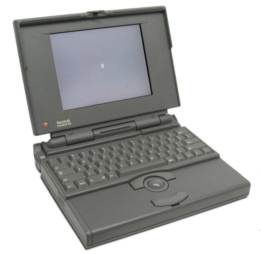 Macintosh PowerBook 180c showing a Sad Mac on its screen during startup