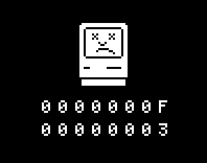 Sad Mac boot screen with hexadecimal error codes 0000000F and 00000003